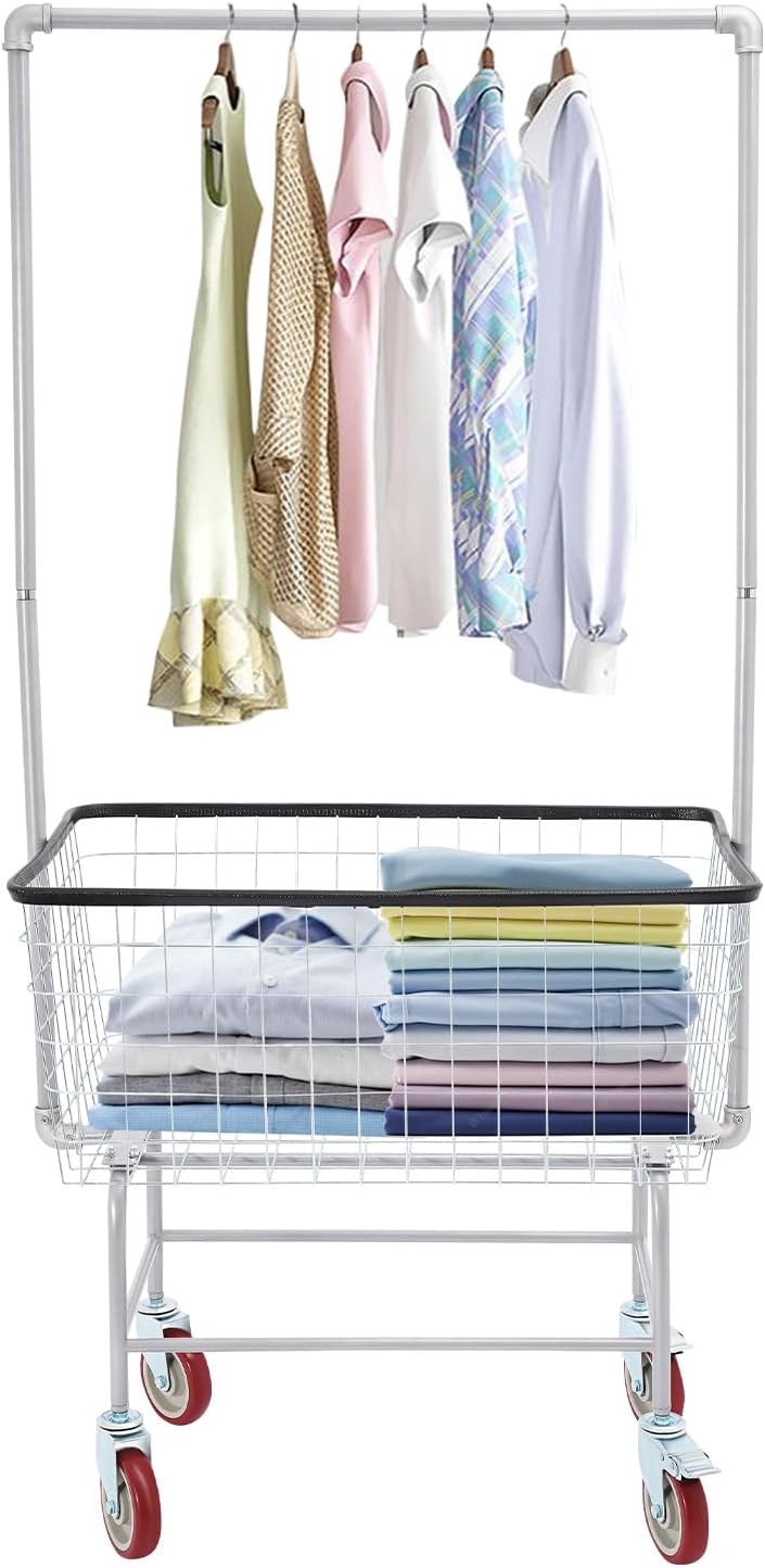 Wire Laundry Cart With Hanging Rack, 2.5 Bushel Wire Laundry Basket with Whee...