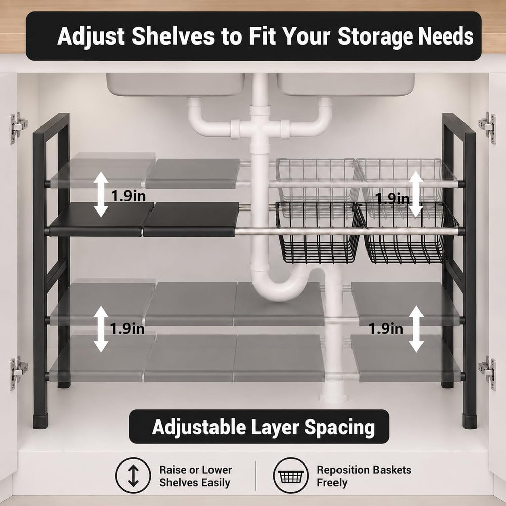 Expandable Under Sink Organizer, 2 Tier Under Sink Shelf, Height Adjustment, ...