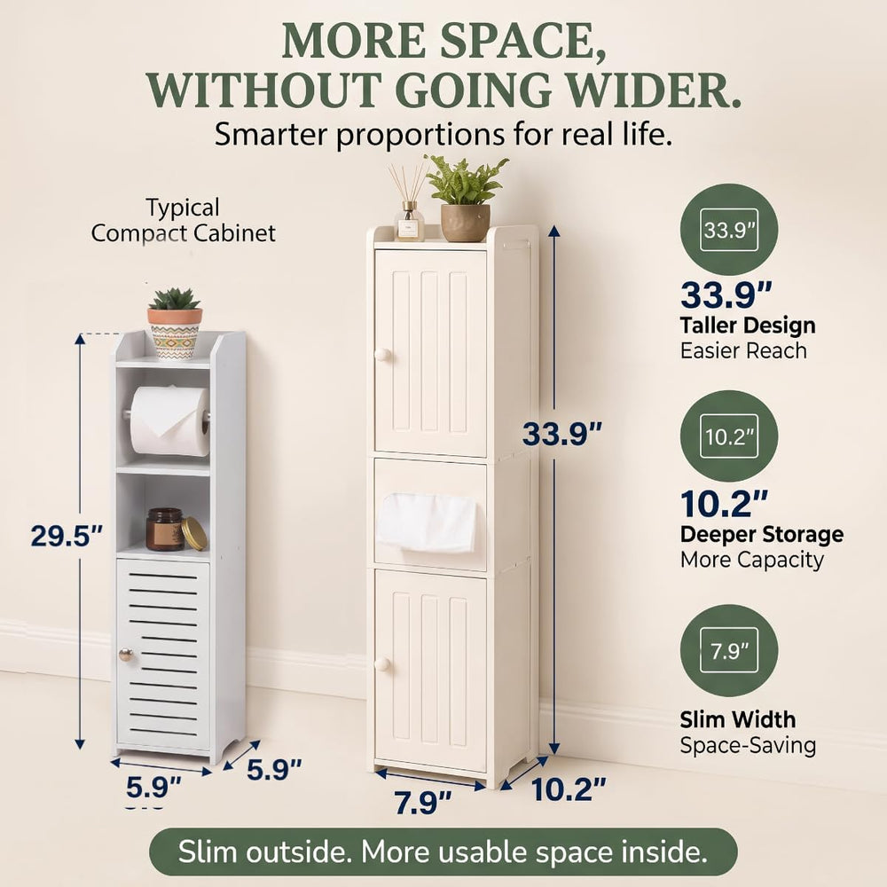 Narrow Slim Bathroom Storage Cabinet Waterproof Anti-Scratch, 33.9" Tall