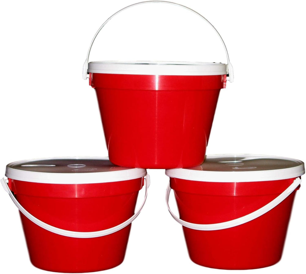 3 One Gallon Red Plastic Buckets & Lids.