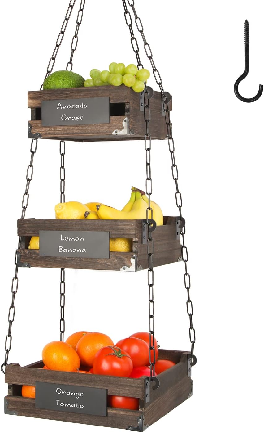 J JACKCUBE DESIGN 3-Tier Rustic Wood Hanging Fruit Basket, Kitchen Fruit, Veg...