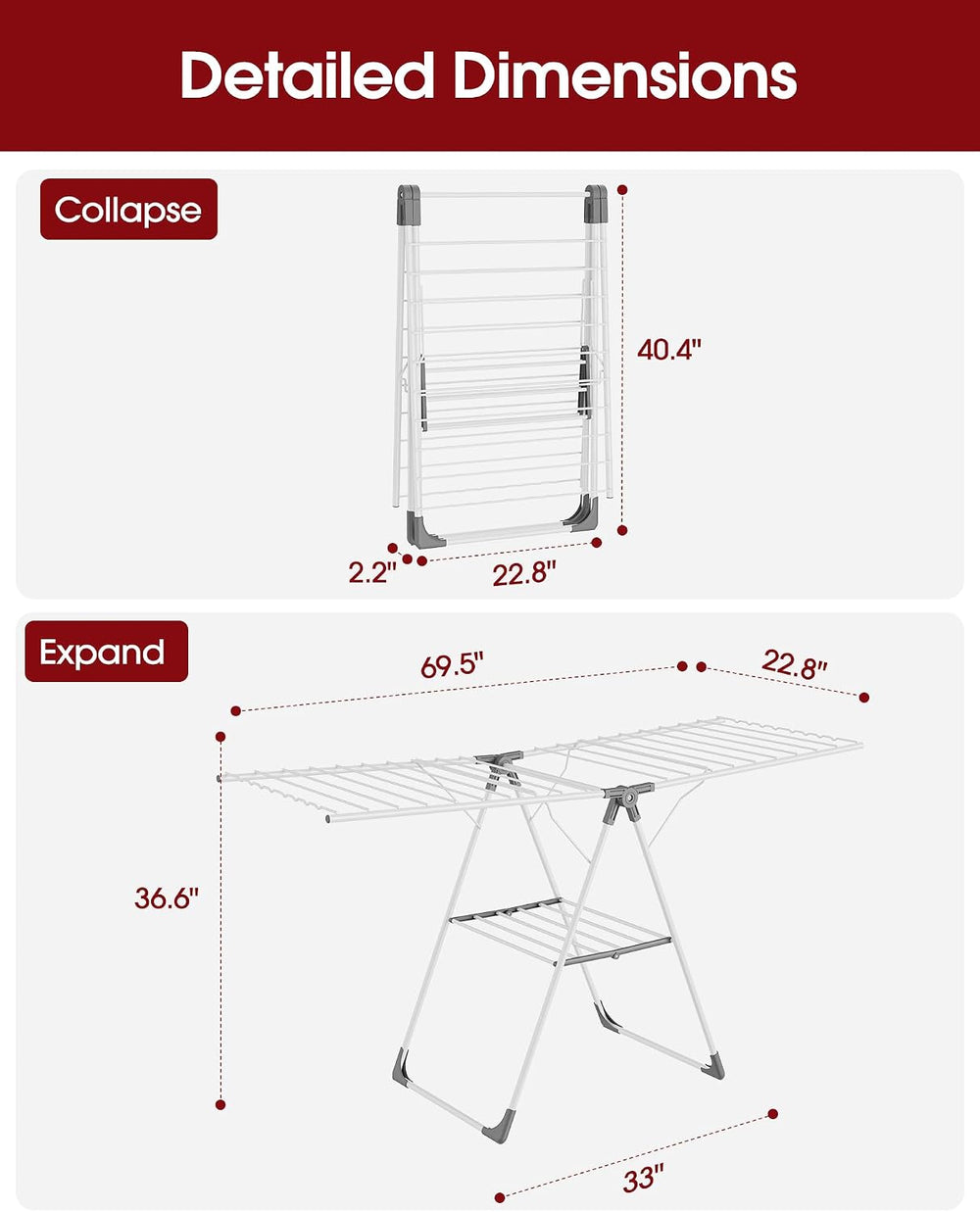 Clothes Drying Rack, 69.5" Adjustable Wings, Foldable Design