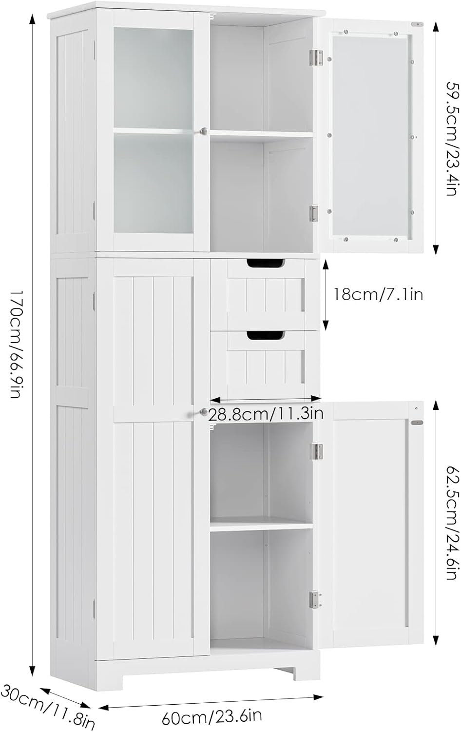 BOTLOG 67'' Tall Bathroom Storage Cabinet, Linen Cabinet with Glass D...