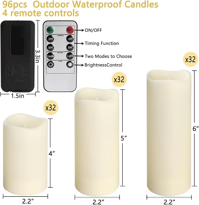 Set of 96 Waterproof Outdoor Flameless Candles, LED Candles with 4 Remote and...