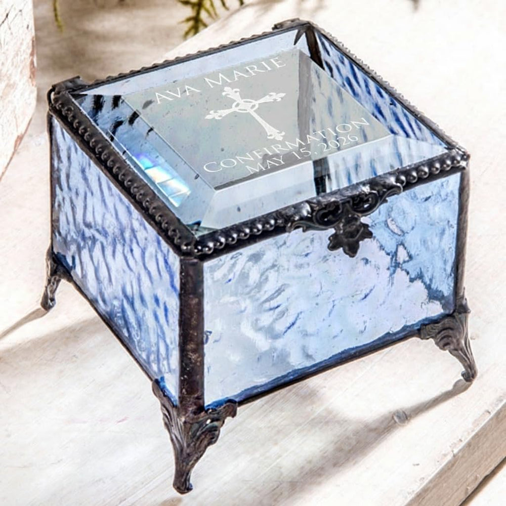 Confirmation Gift for Girl Personalized Keepsake Box Blue Stained Glass Engra...