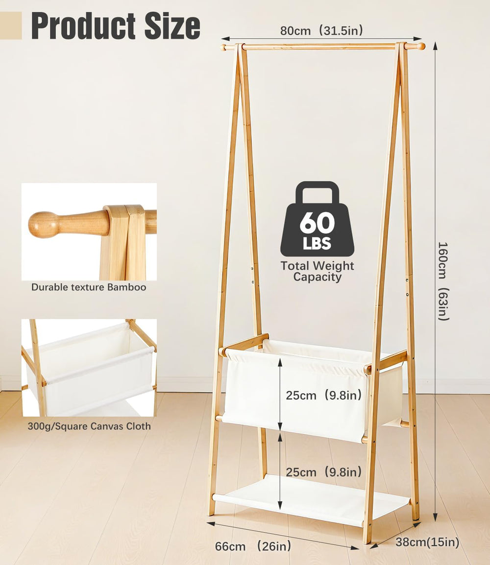 Bamboo Clothes Rack with Storage Box and Storage Shelf, Portable Extra Large ...