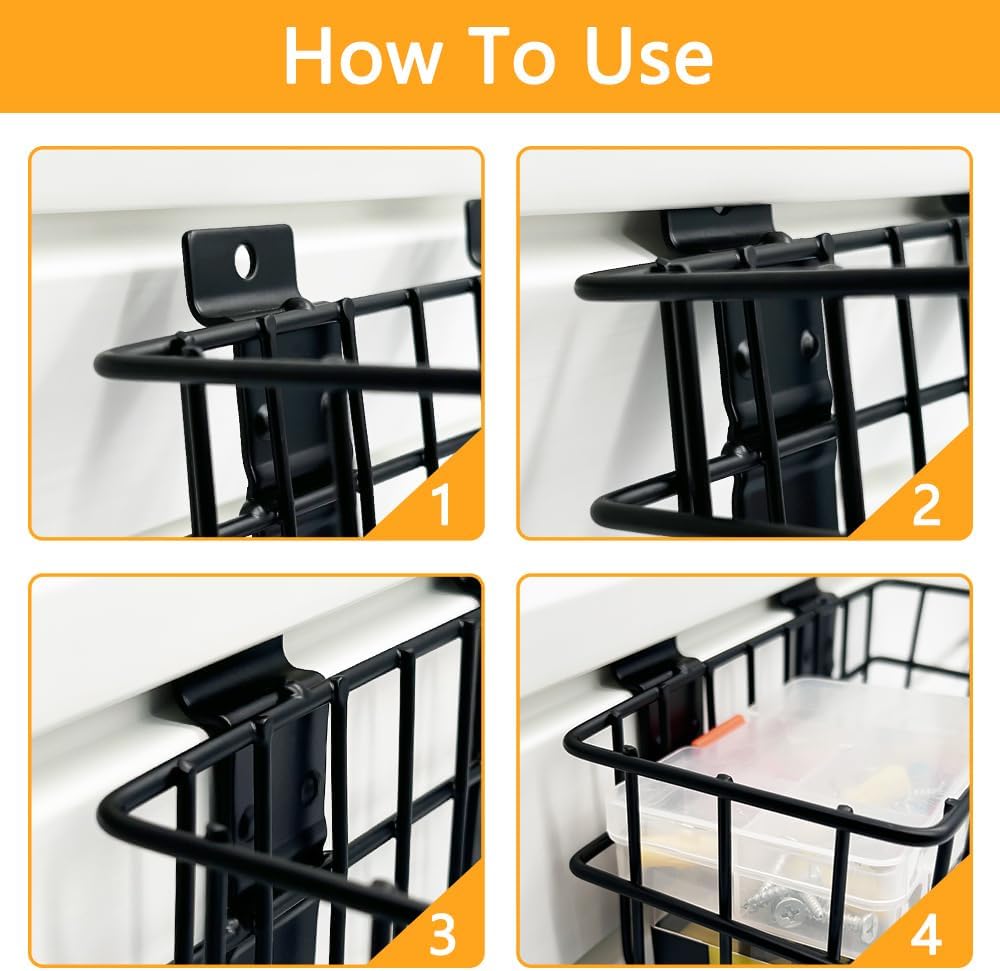 BELLOYON 4Pcs Slatwall Baskets Black 4 Size Metal Slatwall Bins