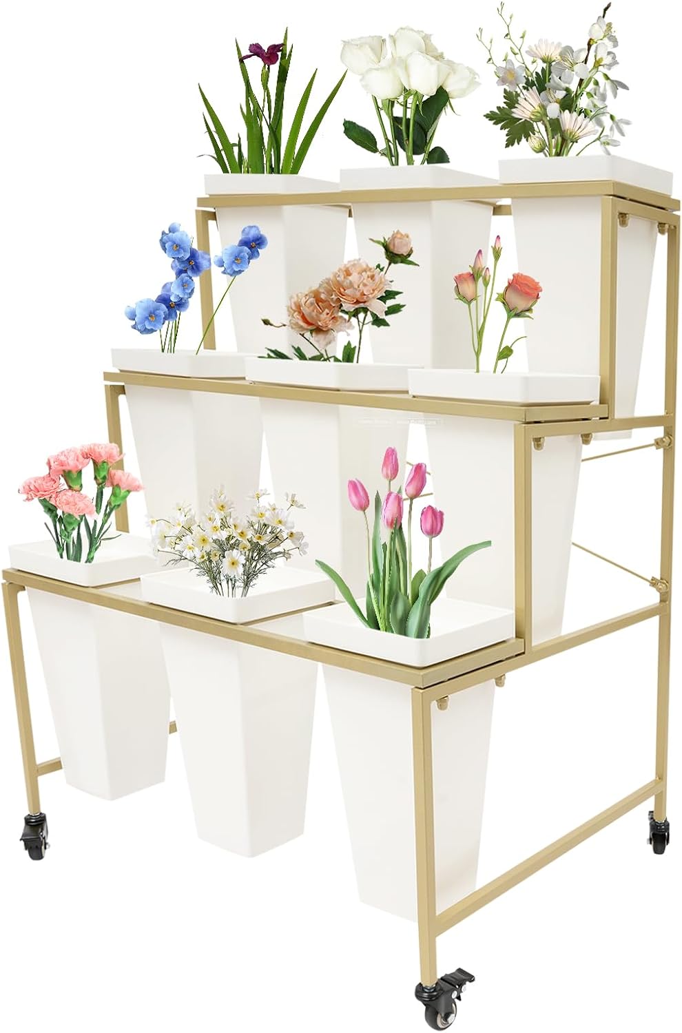 Flower Display Stand, Flower Stand Shelf w/Plastic Buckets & Moving Plant...