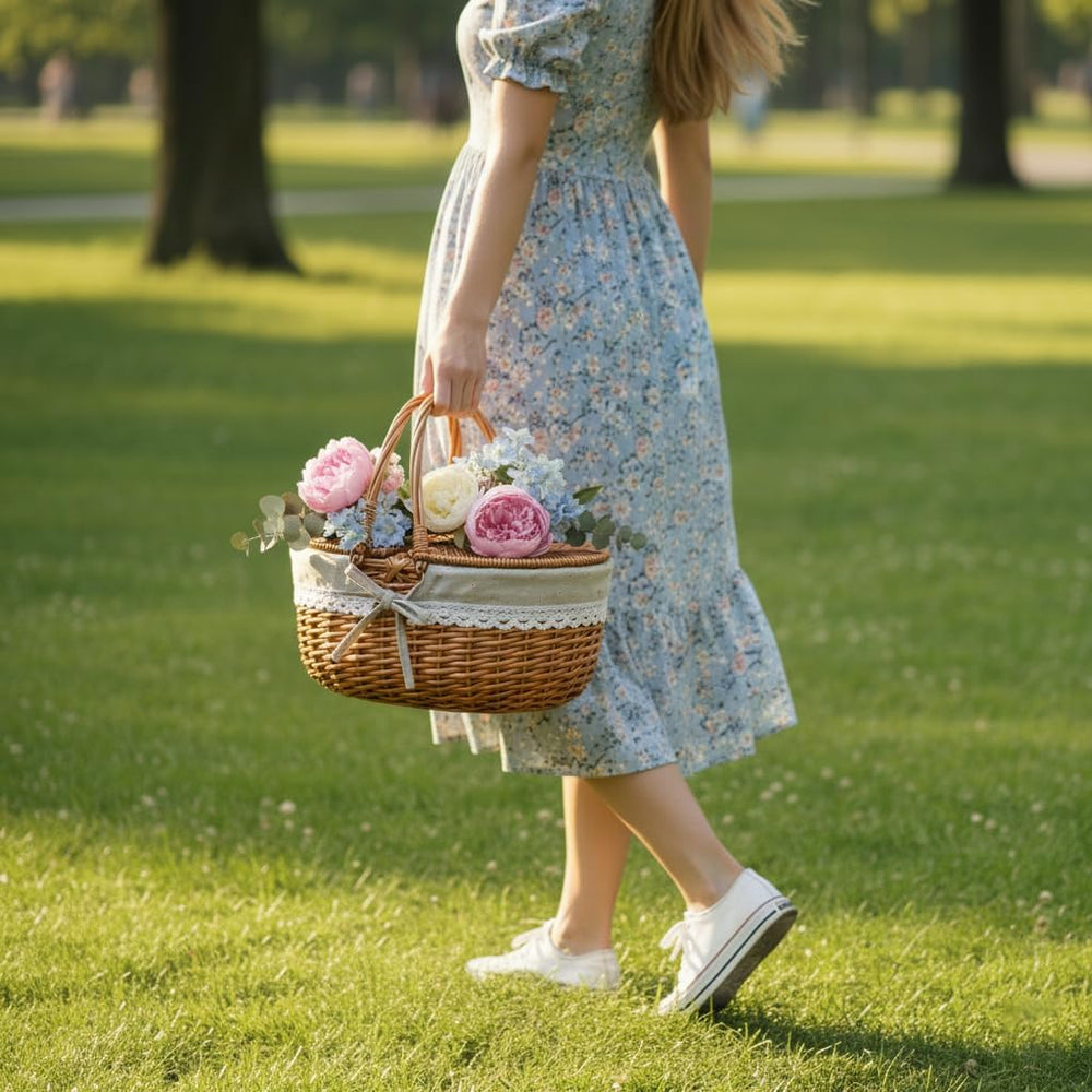 Wicker Picnic Basket with Lid and Handle Sturdy Woven Body with Washable Lini...