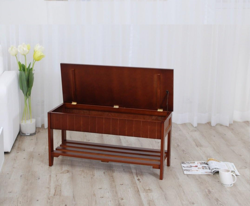 Roundhill Furniture Quality Solid Wood Shoe Bench with Storage, Cherry