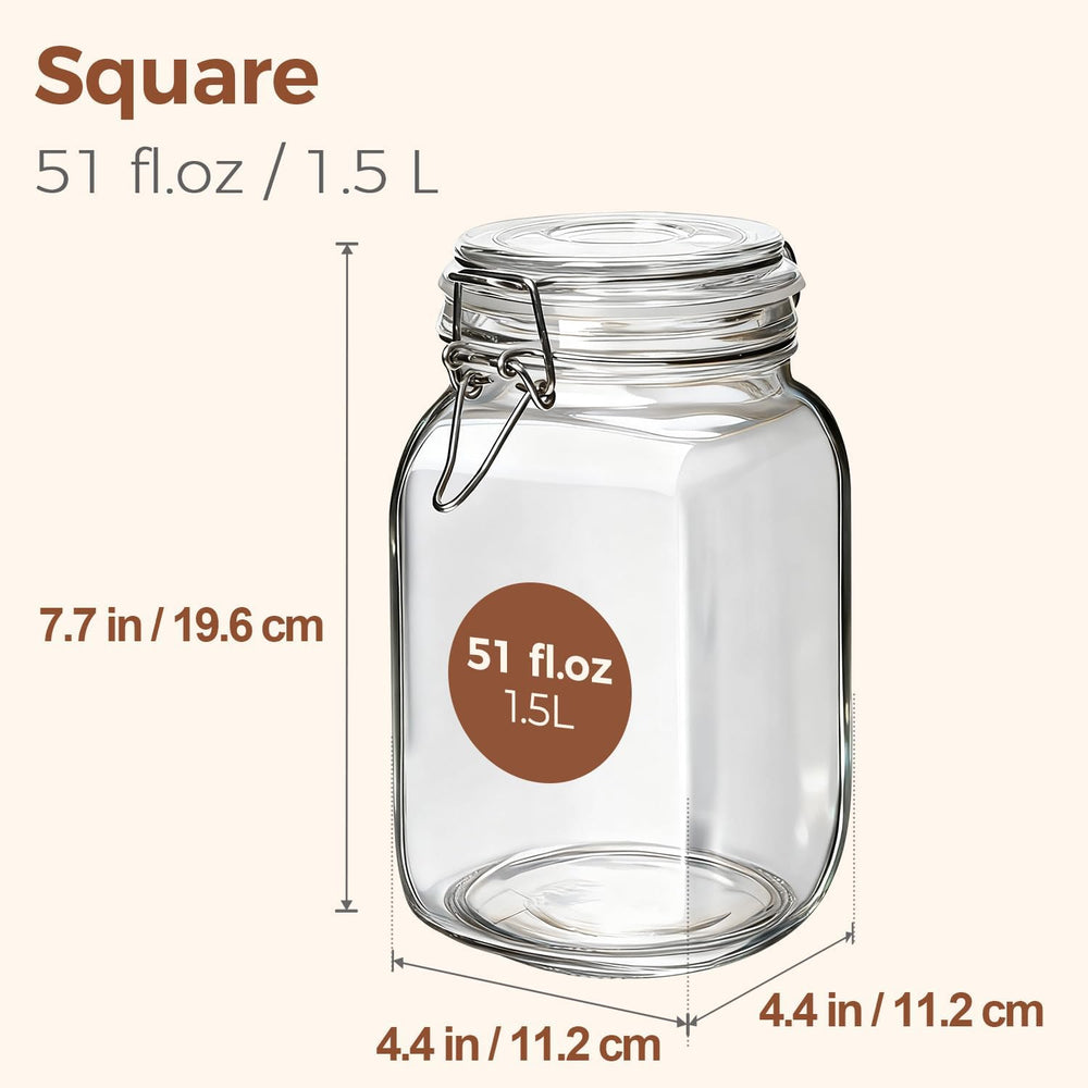 ComSaf Square Glass Jars with Airtight Lids 51 oz 3 Pack Wide Mouth