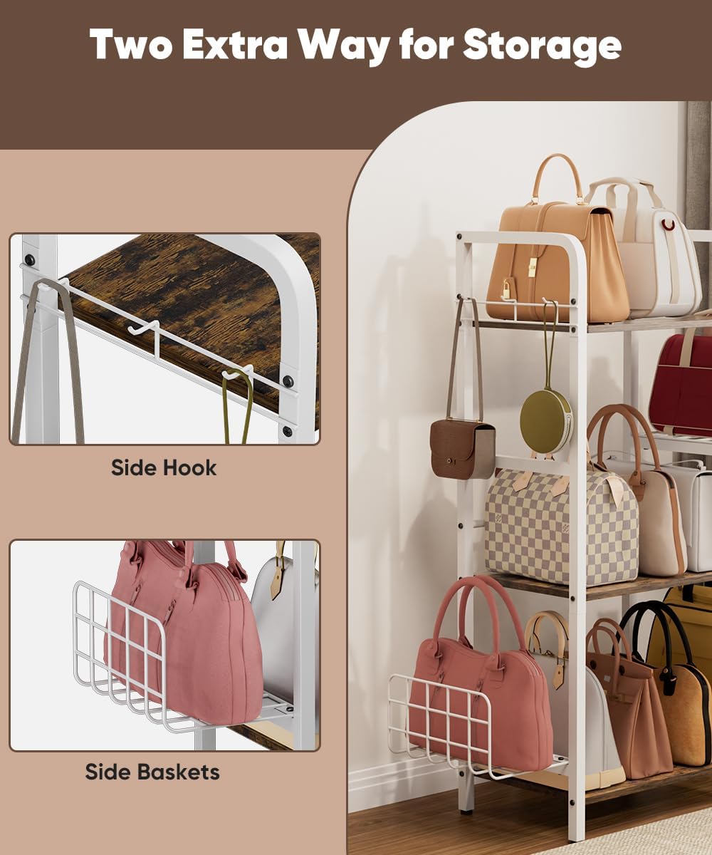 3-Tier Purse Organizer Rack, Iron & Wood Floor-Standing Bag Storage Holde...