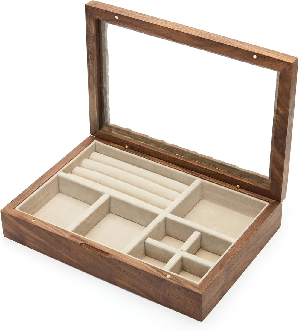 pandapark Wooden Jewelry Box with Glass Lid, Multi-Compartment Storage Displa...