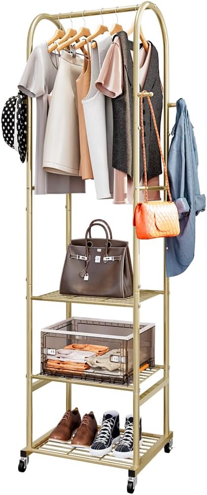 SUOERNUO Clothes Rack Clothing Rack With Wheels and 3 Tier Metal Shelves