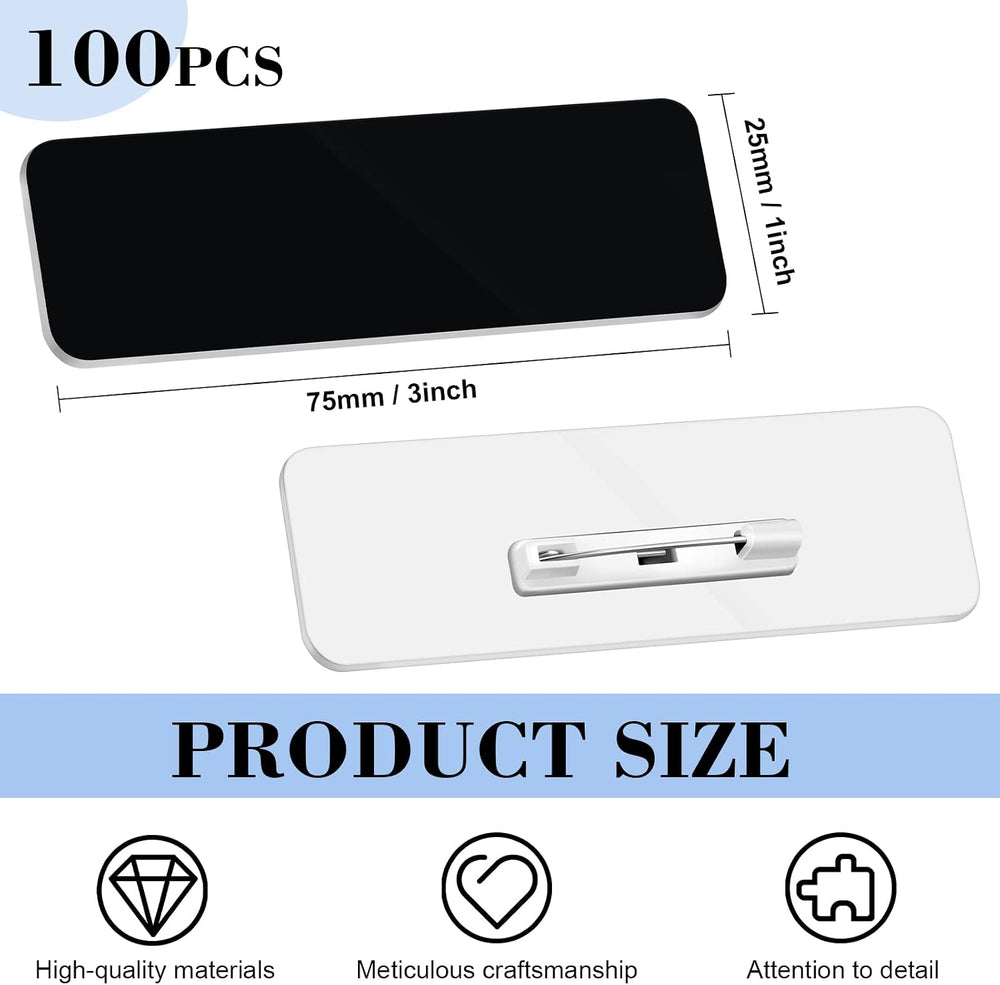 100 Pieces Blank Name Tag with Pin 1 x 3 Inch, Black