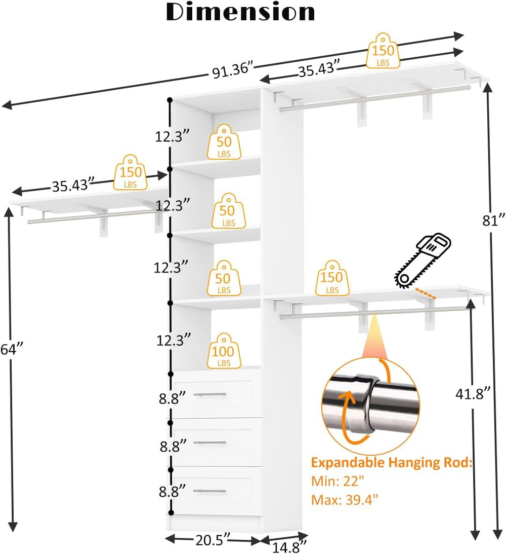 Dilando Closet Organizer System with Drawers, 5FT - 7.61FT Closet Shelving Sy...