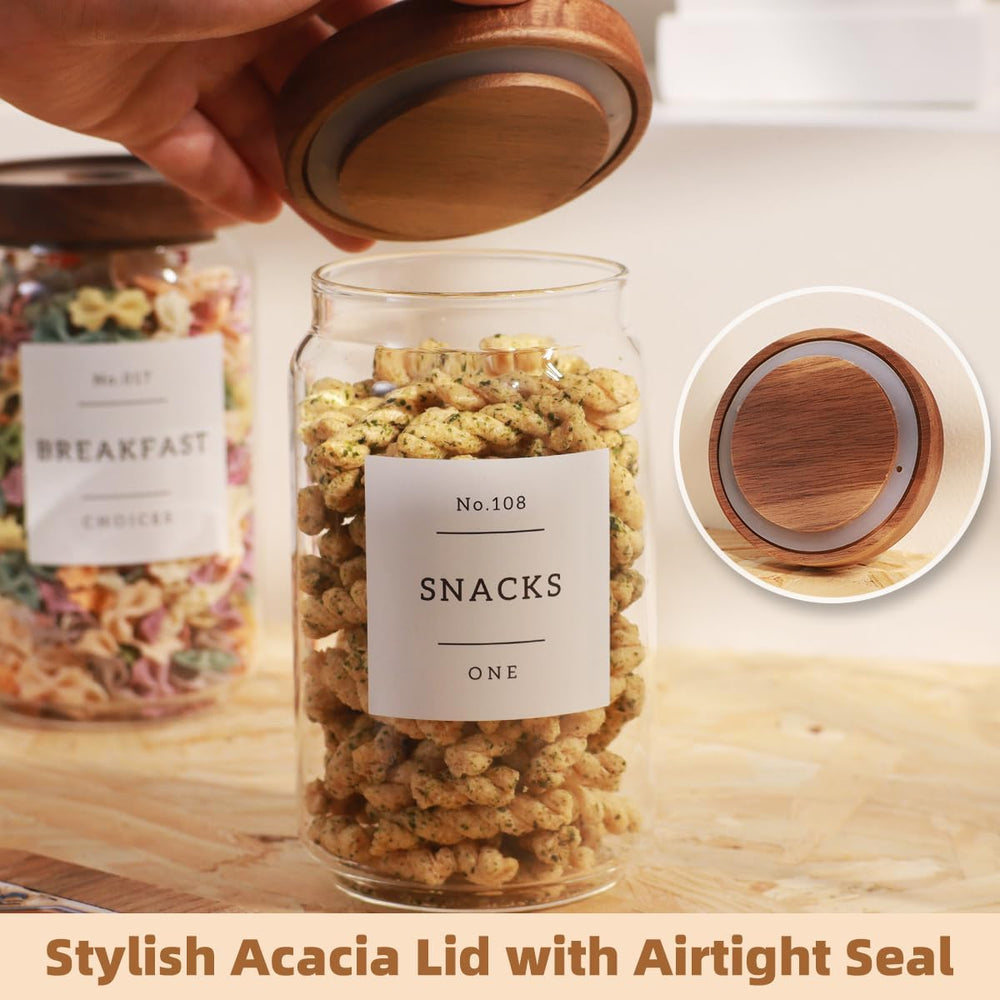 6 Pack Glass Canisters with Airtight Acacia Lids and 132 Kitchen Pantey Label...
