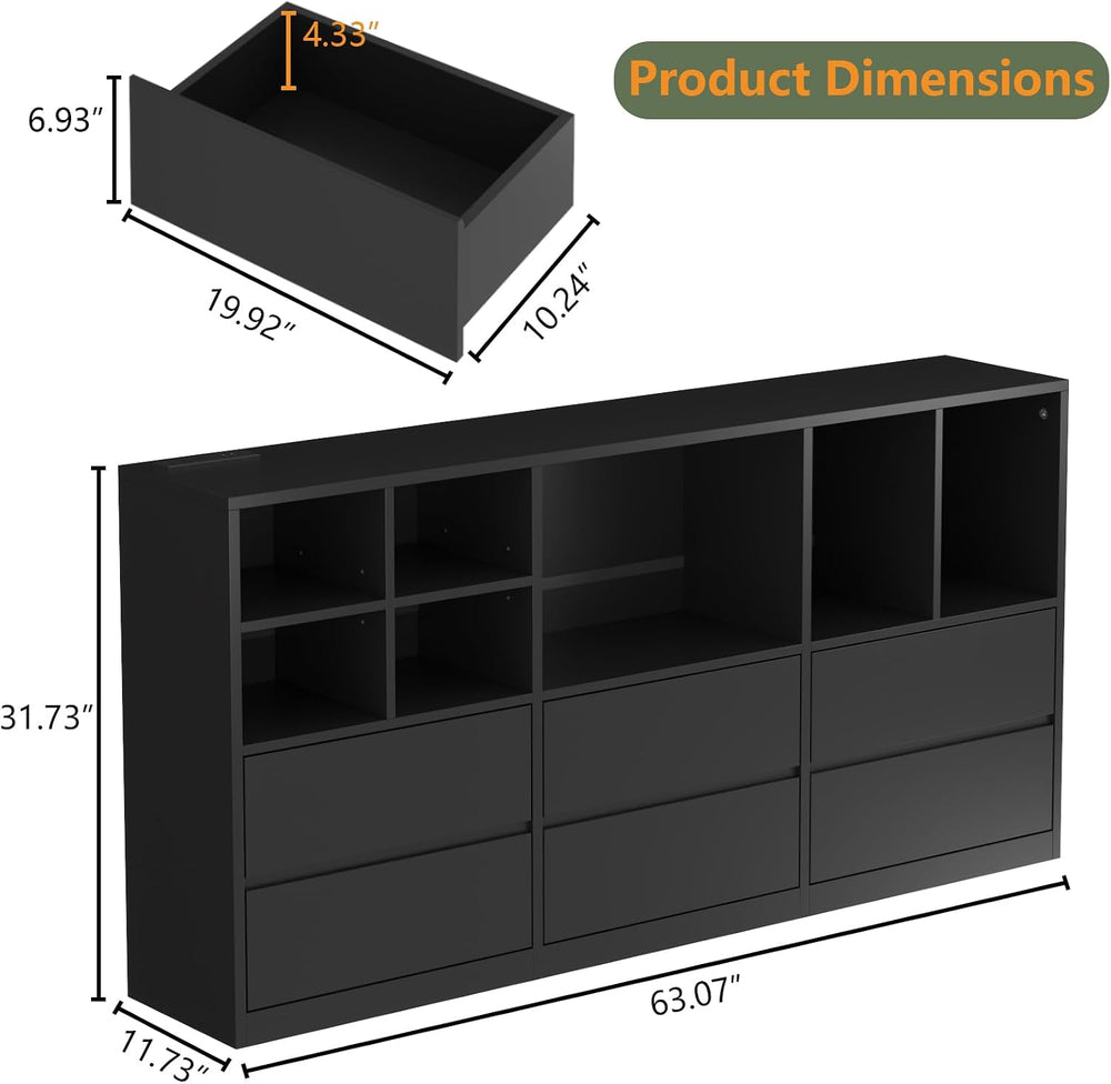 Black 6 Drawers Dresser with 7 Storage Cubbies, LED Lights, Power Outlets