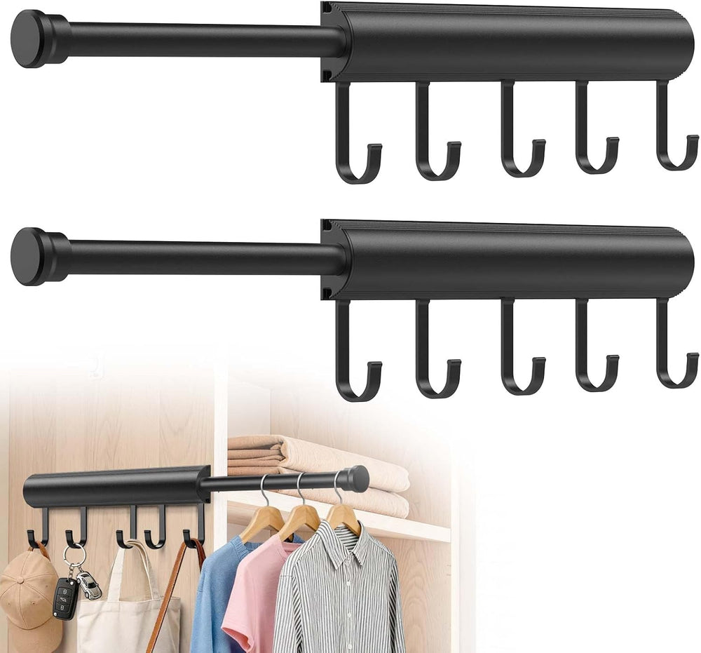 Pisman Valet Rod for Closet Pull Out 12 Inch with 5 Hooks - Black 2 Pack