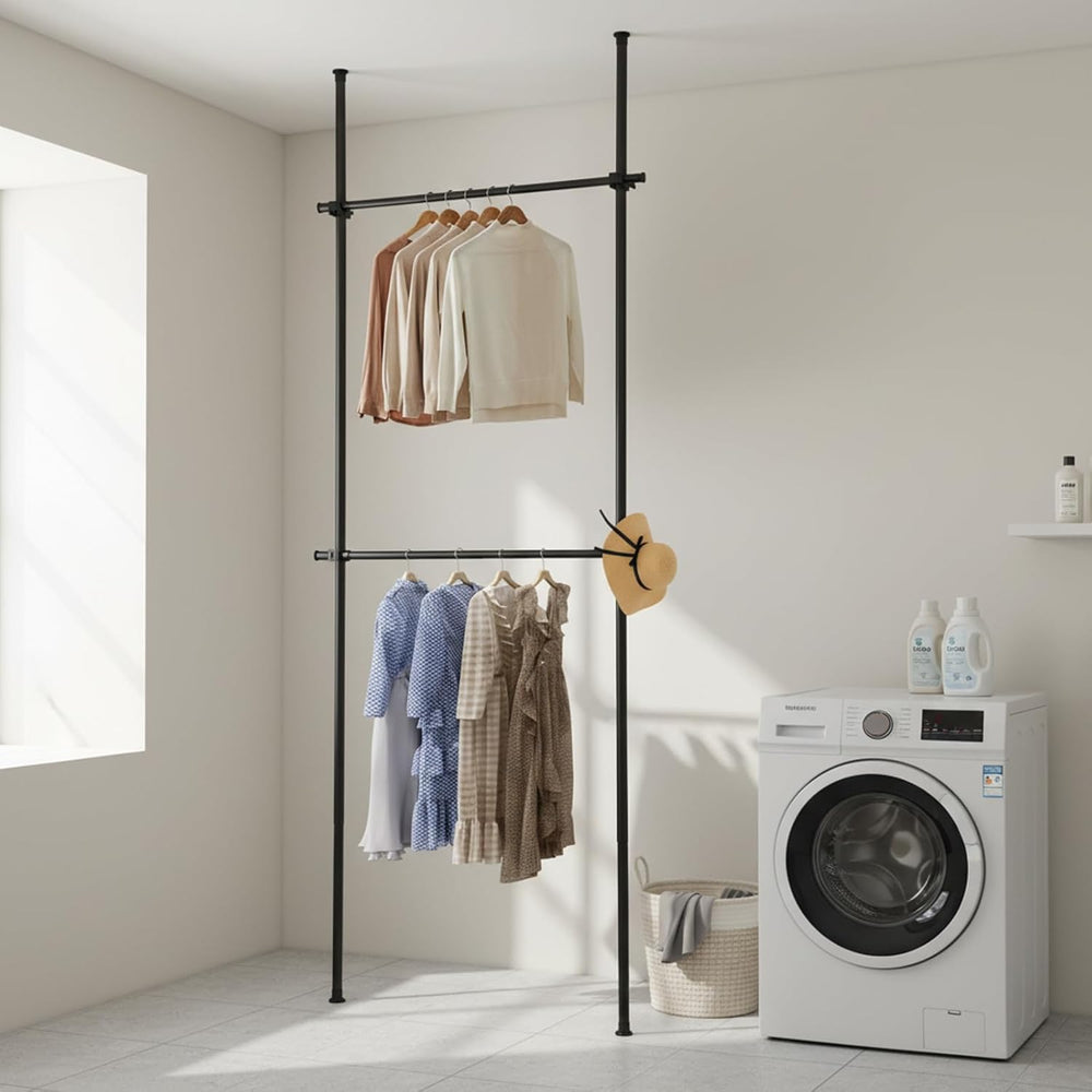 Heavy-Duty Floor to Ceiling Drying Rack, 2-Tier Double Rod Clothing Organizer...