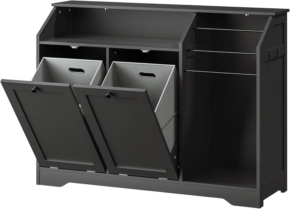 43.3" Laundry Hamper Cabinet, Double Tilt-Out Laundry Hamper with 4 Hook...