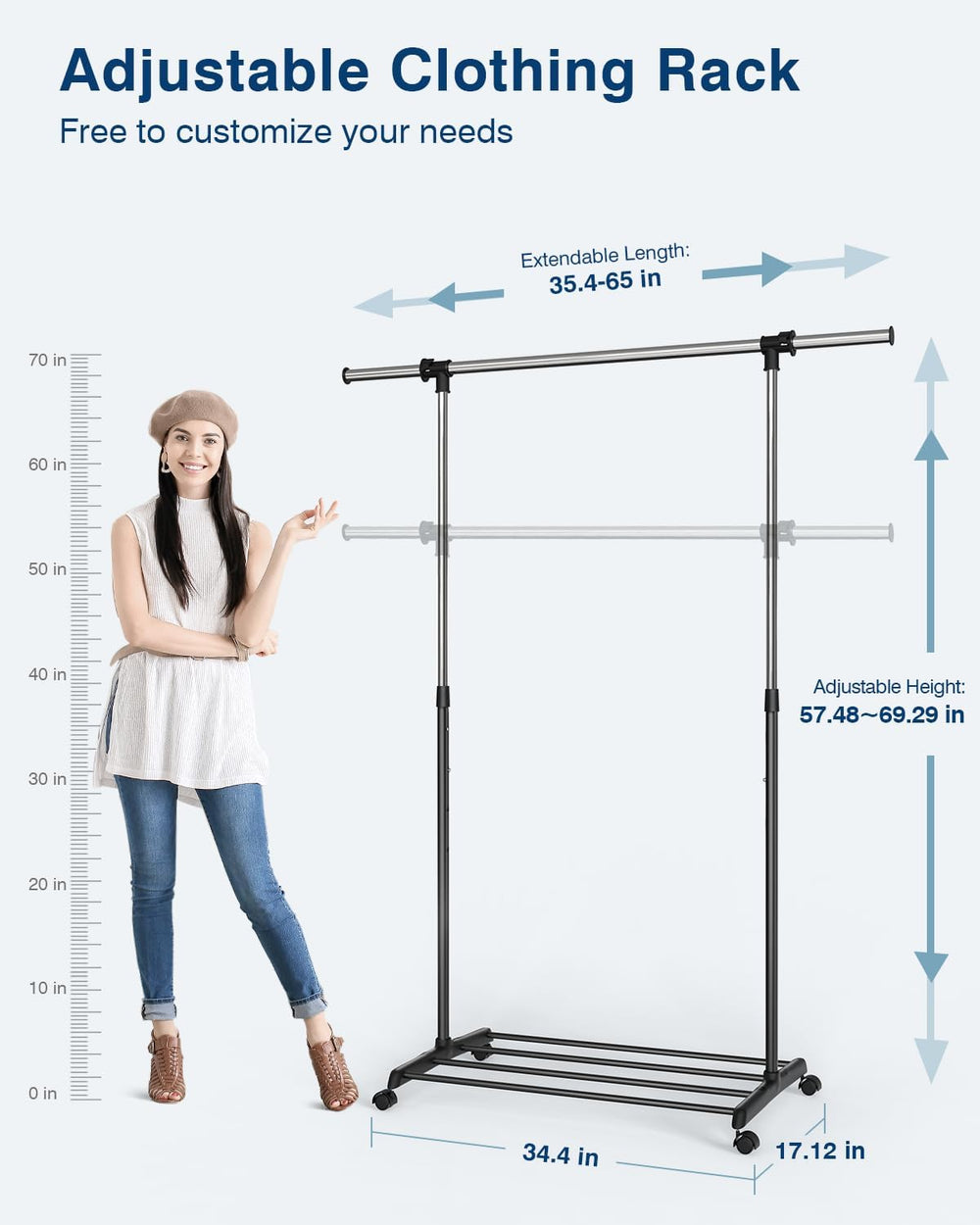 Whitmor Deluxe Adjustable Garment Rack - Rolling Clothes Organizer - Black an...