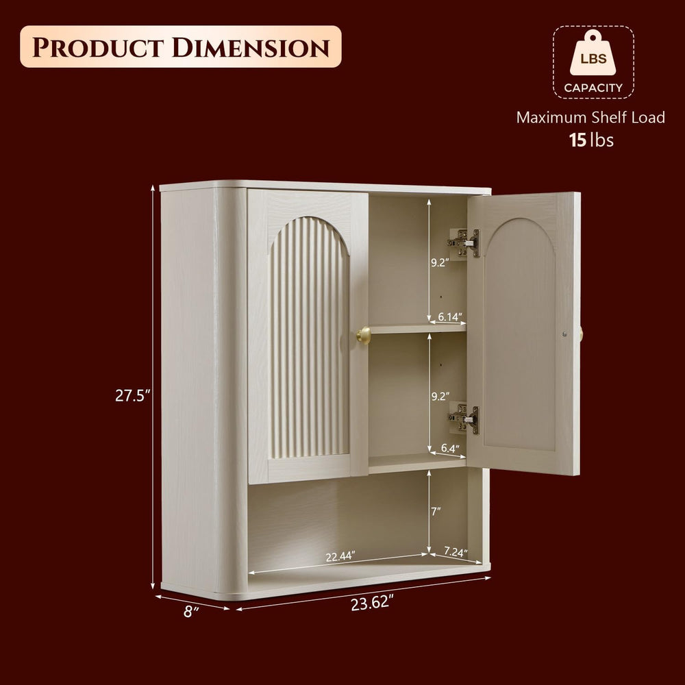 Bathroom Fluted Arched Wall Cabinet, 23.6''W Wood Medicine Cabinet, C...