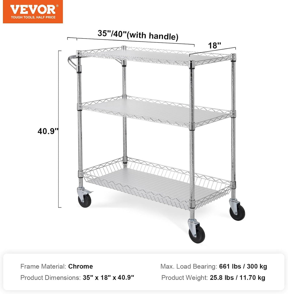VEVOR Kitchen Utility Cart, 3 Tiers, Wire Rolling Table with 661 LBS Capacity...
