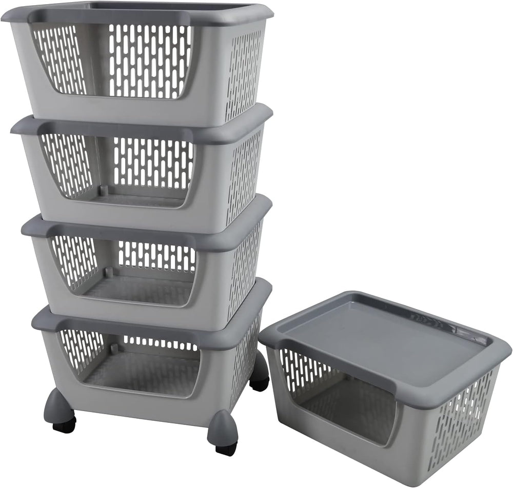 5 Tiers Plastic Kitchen Stacking Storage Baskets Bins, Grey