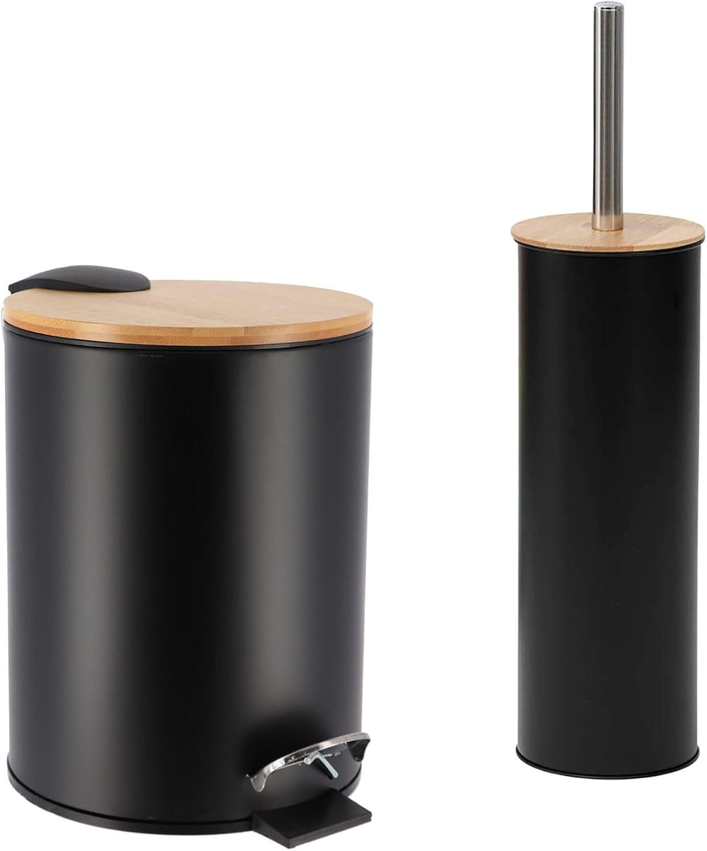 Bathroom Set w/Bamboo Lid, Metal Trash Can & Toilet Brush, 2.5L Bin, Black