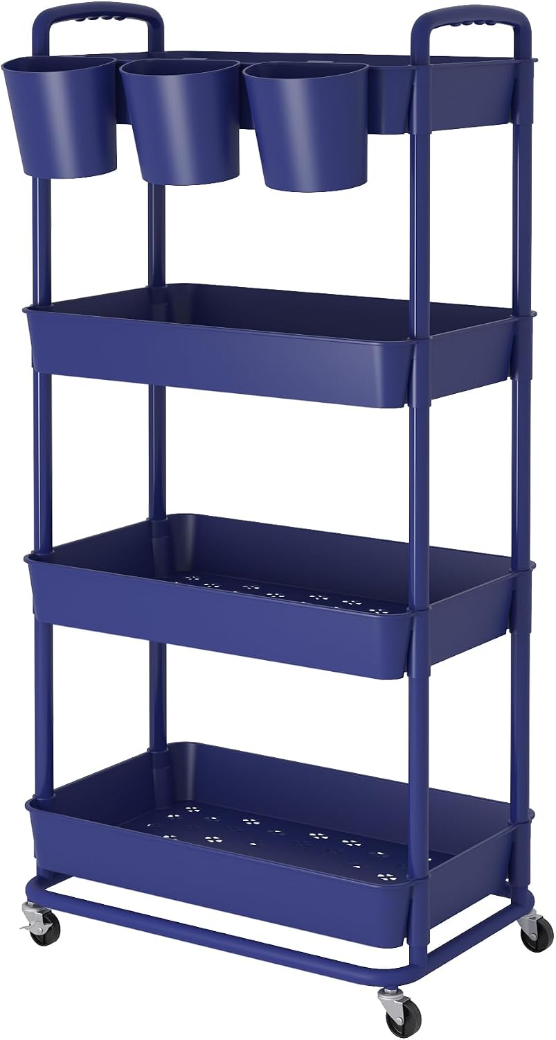 JIUYOTREE 4-Tier Plastic Rolling Storage Cart Utility Cart Blue