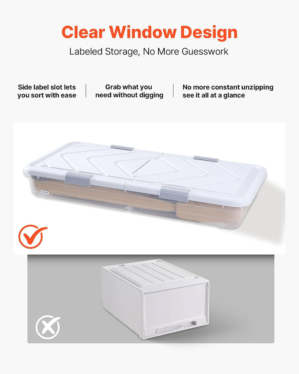 VEVOR Under Bed Storage with Wheels, 39.8 x 20.1 x 5.9 inch Underbed Containe...