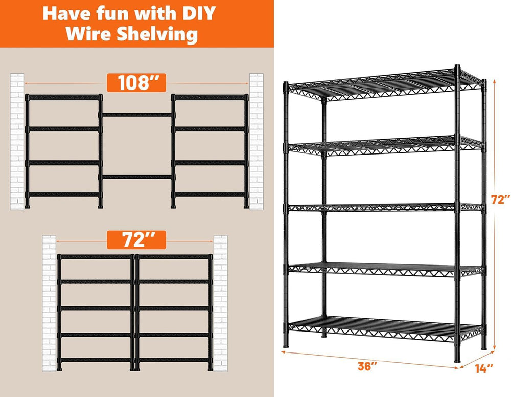 REIBII 72''H Metal Shelving 5-Tier Storage Shelves,1100lbs, Kitchen P...