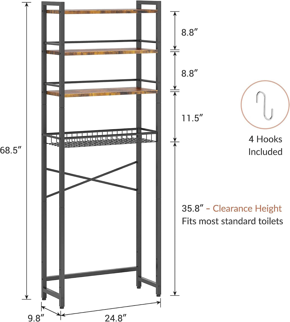 Over The Toilet Storage Shelf, 4-Tier Bathroom Organizer with Basket & Ho...