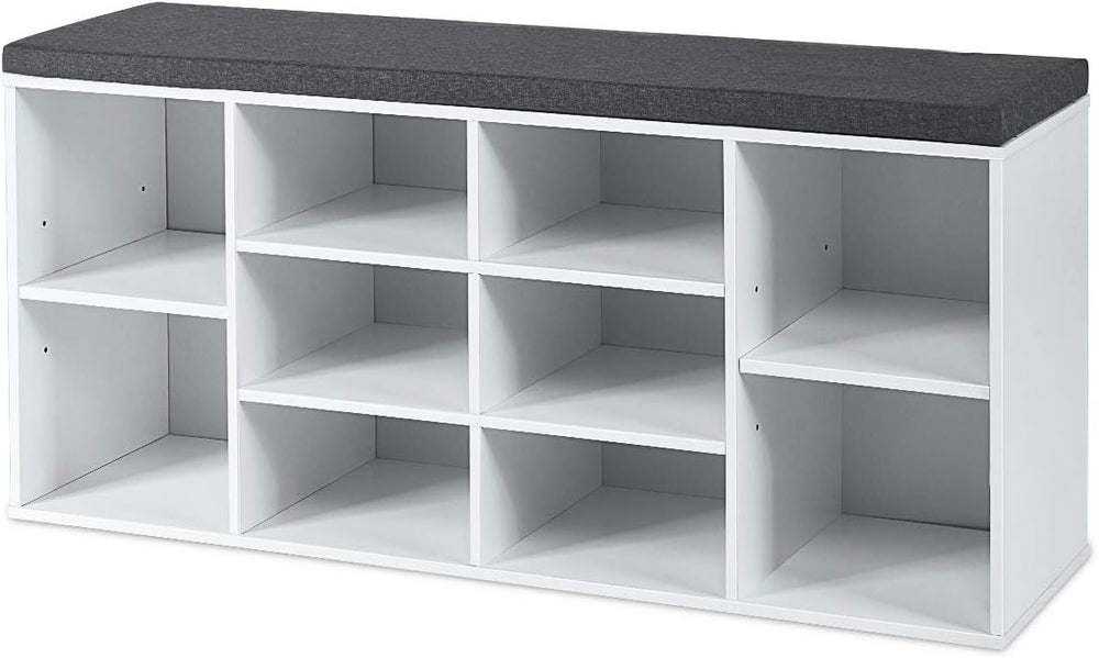 KOTEK Wooden Shoe Bench with Cushion, 10-Cube Shoe Rack Cabinet w/Adjustable ...