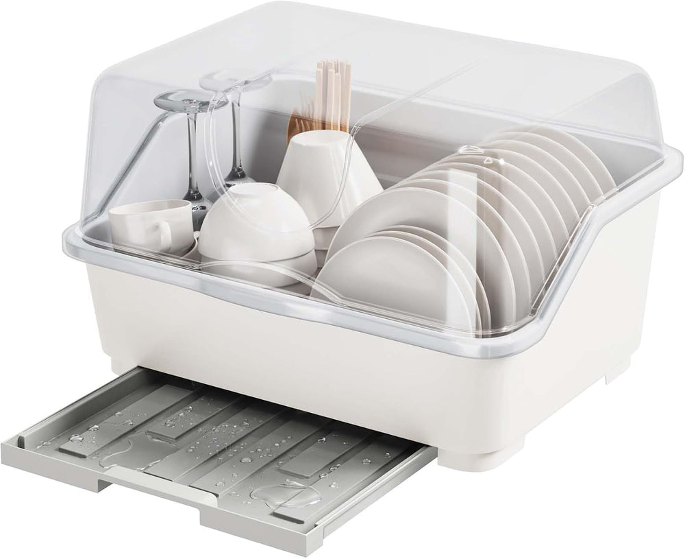 Tomorotec Plastic Dish Drying Rack & Drain Board with Lid Cover Light White