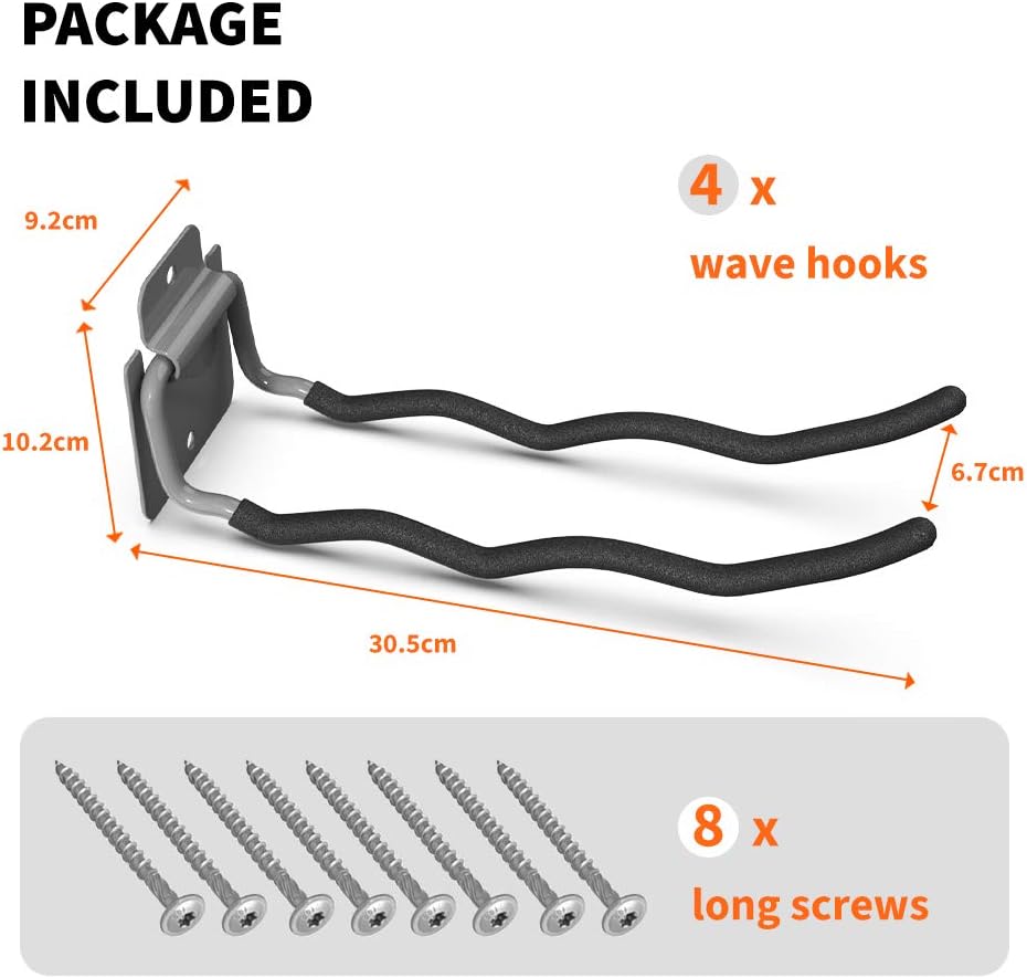 TORACK Garage Tool Organizer Hooks, 4-Pack Heavy-Duty 12" Steel Wave Hooks