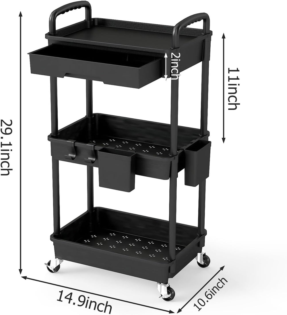 3 Tier Rolling Utility Cart with Drawer, Plastic Storage Organizer Rolling Ca...