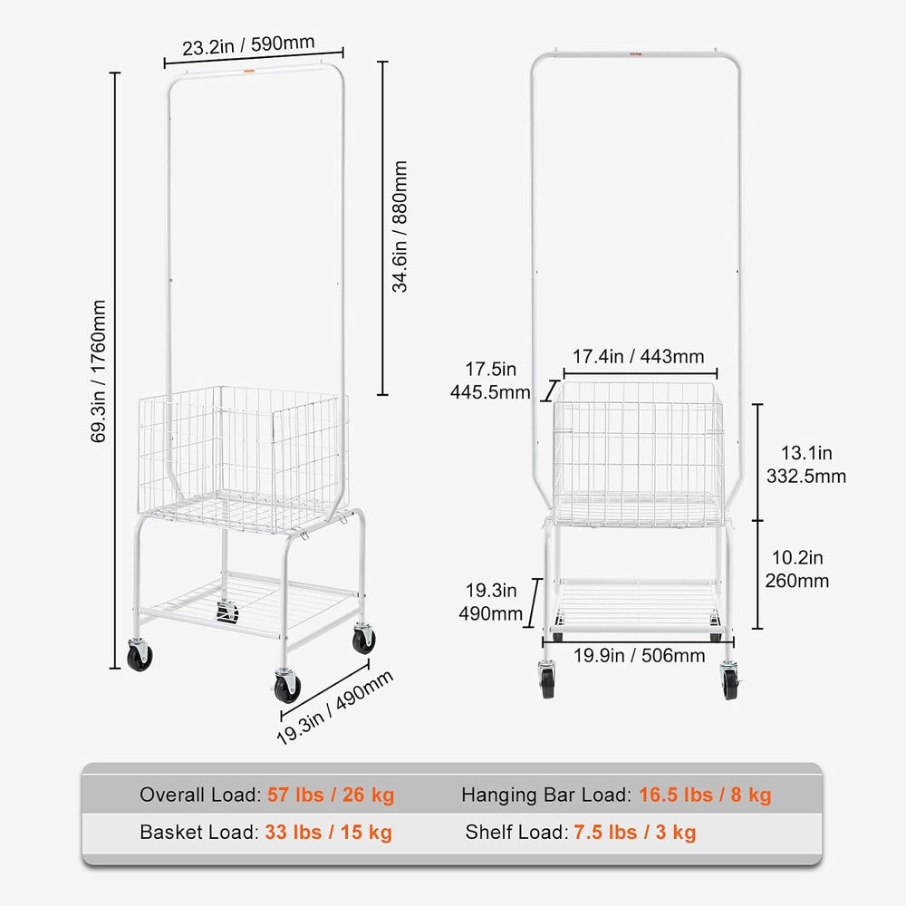 VEVOR Metal Rolling Laundry Basket with Hanging Garment Rack, Laundry Hamper ...