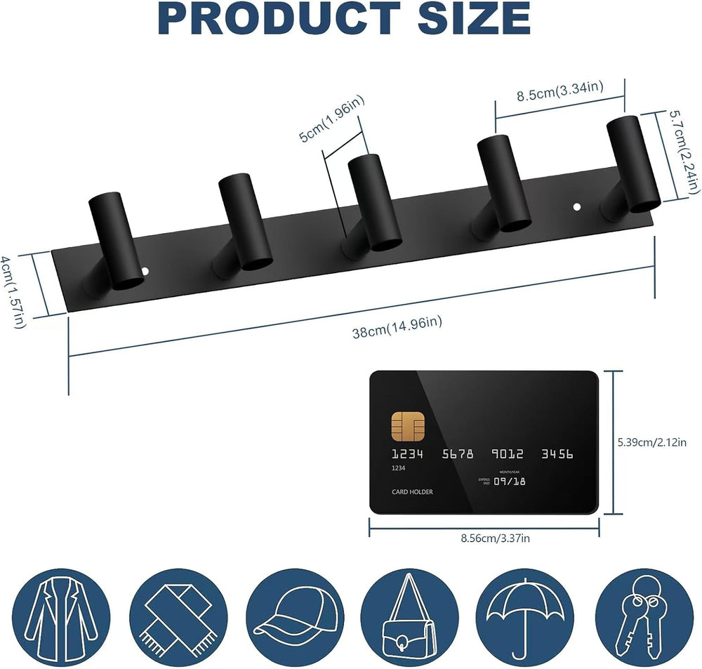 VAEHOLD Black Hat and Coat Wall Mount Rack 5 Hooks for Robes, Bags, Keys, and...