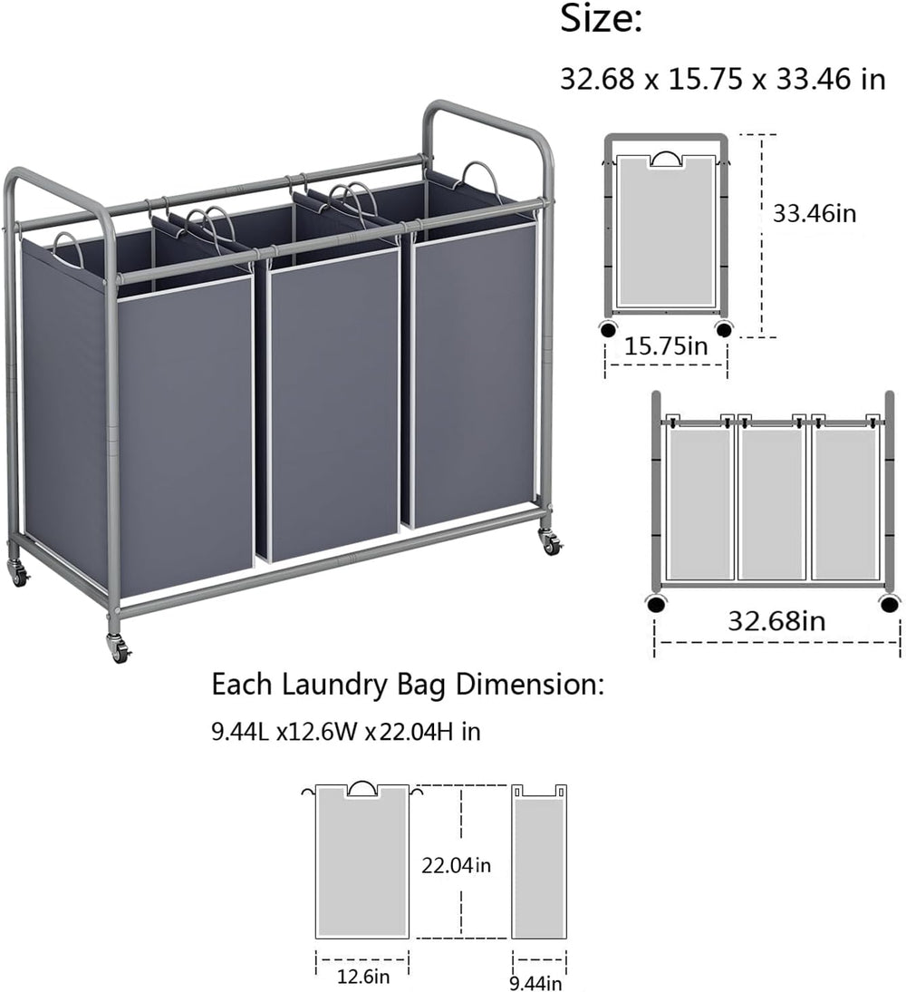 LINZINAR 3 Section Laundry Hamper Sorter, Grey Laundry Basket with Wheels
