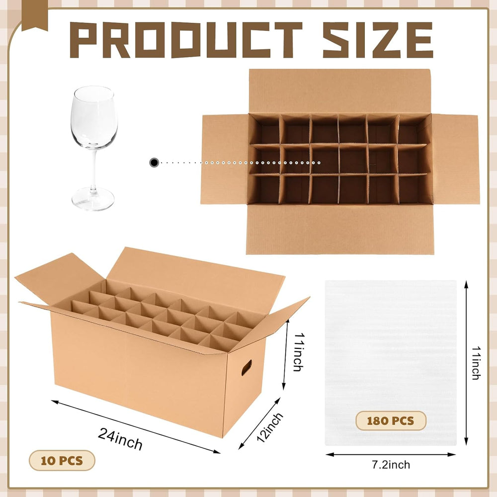 10 Sets Moving Boxes for Glasses with Divider Kits, 24 x 12 x 11 Inch Glasswa...