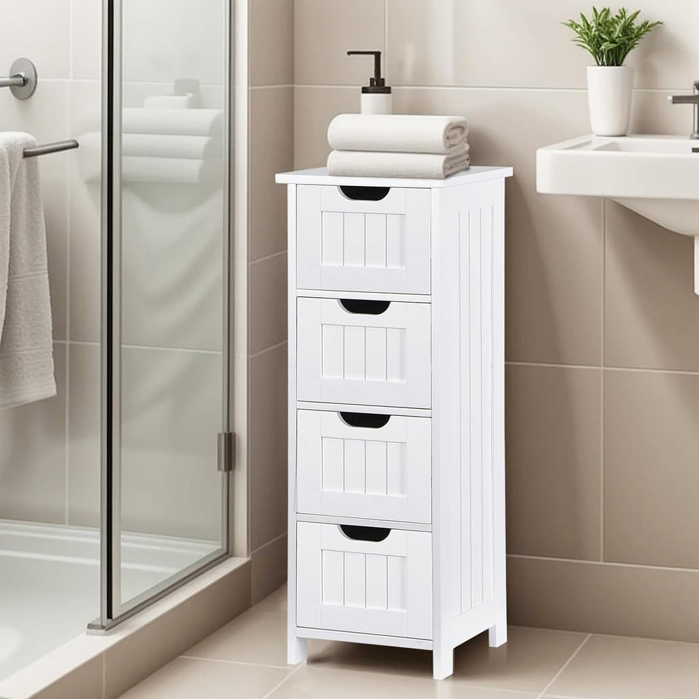 Bathroom Floor Storage Cabinet, Freestanding Wooden Side Organizer w/4 Drawer...