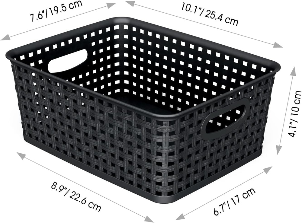 WYT 12-Pack Plastic Small Shelf Storage Weave Baskets for Organizing, Black