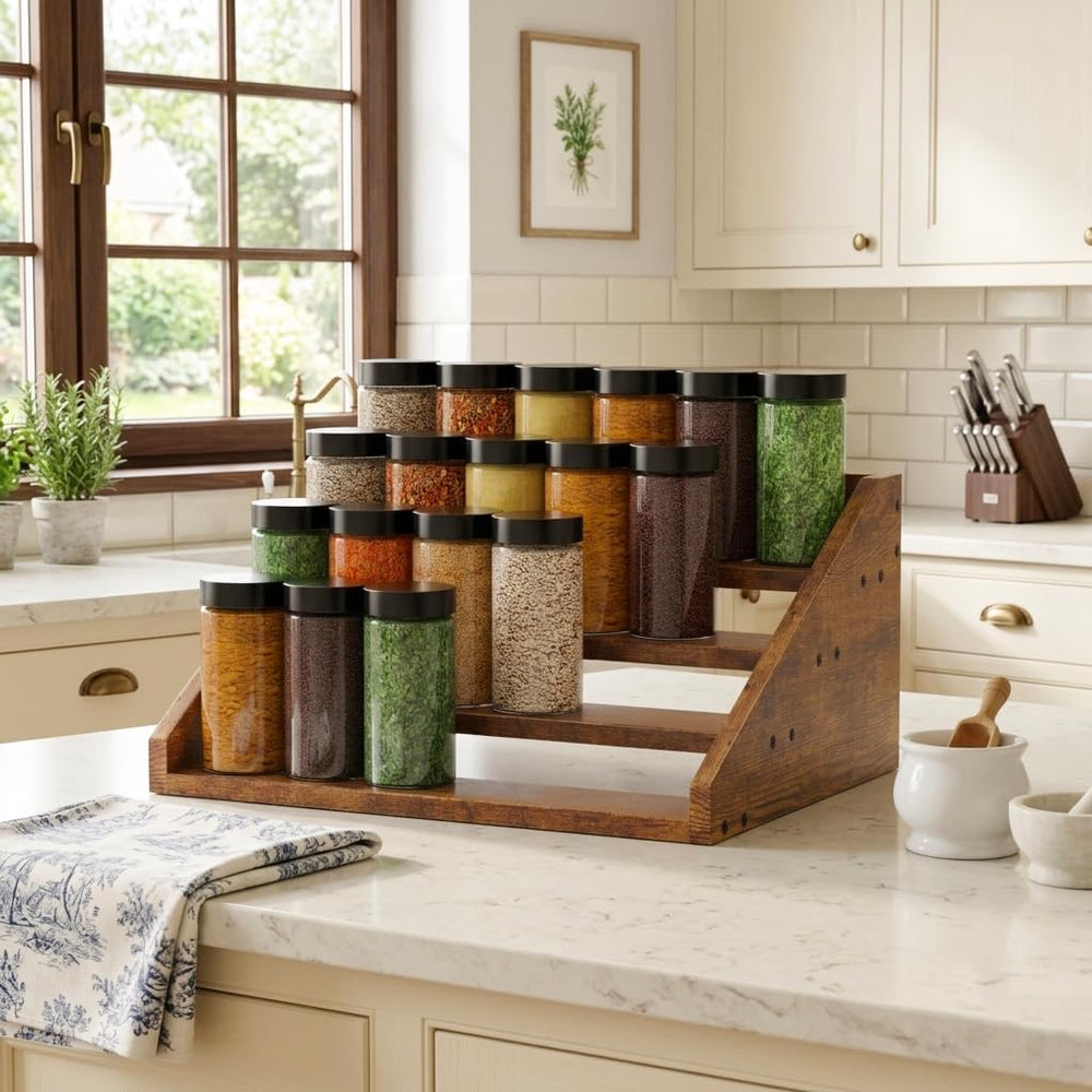 4 Tier Wood Spice Rack Organizer for Cabinet, Super Sturdy Display Riser Shel...