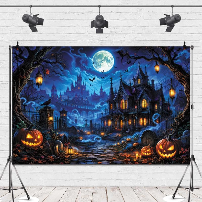 Halloween Scary Castle Backdrop 10x8ft Full Moon Haunted House Spooky Cemeter...