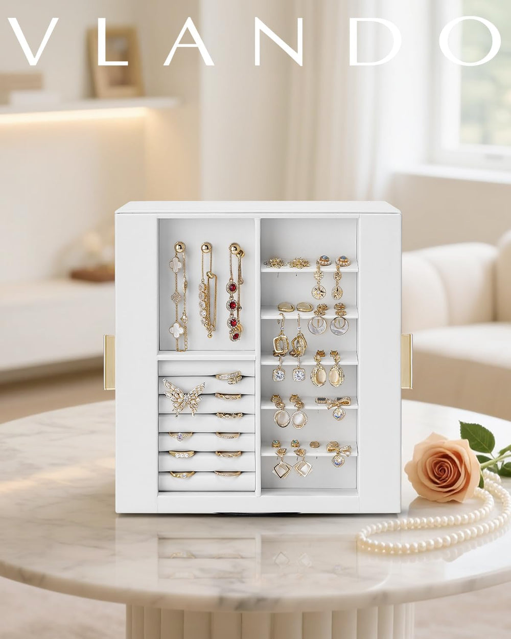 VLANDO 360°Rotating PU Leather Jewelry Box With 5 Drawers & Glass Window