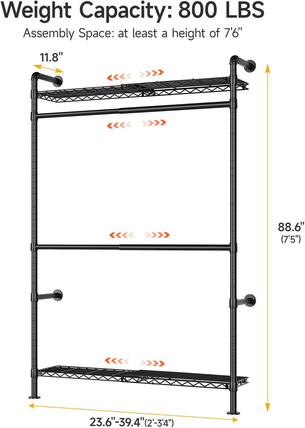 ONBRILL H1 Plus Expandable Wall Mounted Closet System Clothing Rack Black