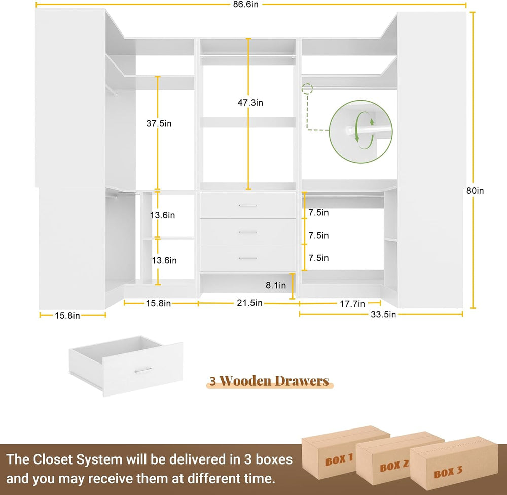 Aheaplus Closet System with Drawer，Hanging Rods， U-Shaped，Set of 3，White