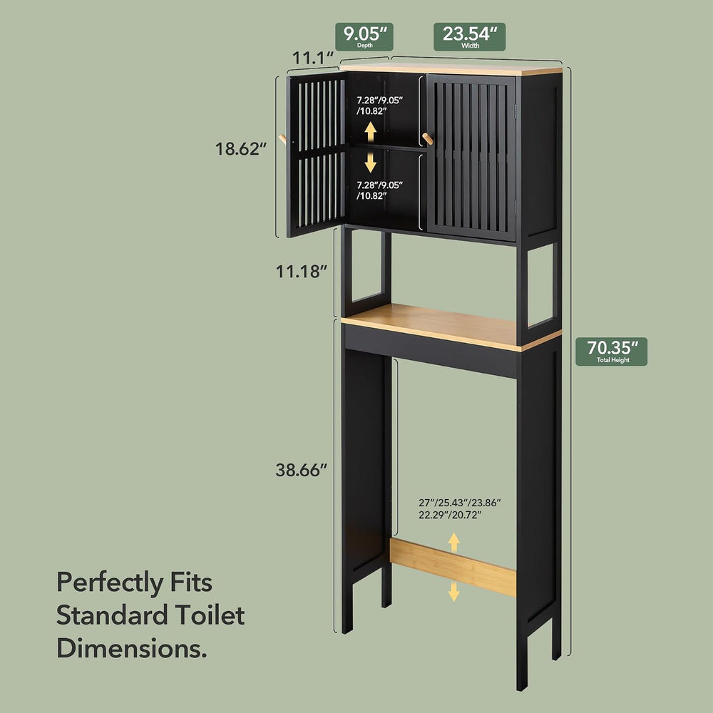 24" x 70" Over-the-Toilet Storage Cabinet with Bamboo Doors, Black